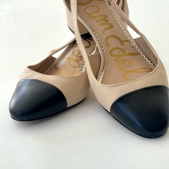 Sam Edleman Leah cap toe pumps black tan size 7.5 shoes sling backs - Picture 6 of 8